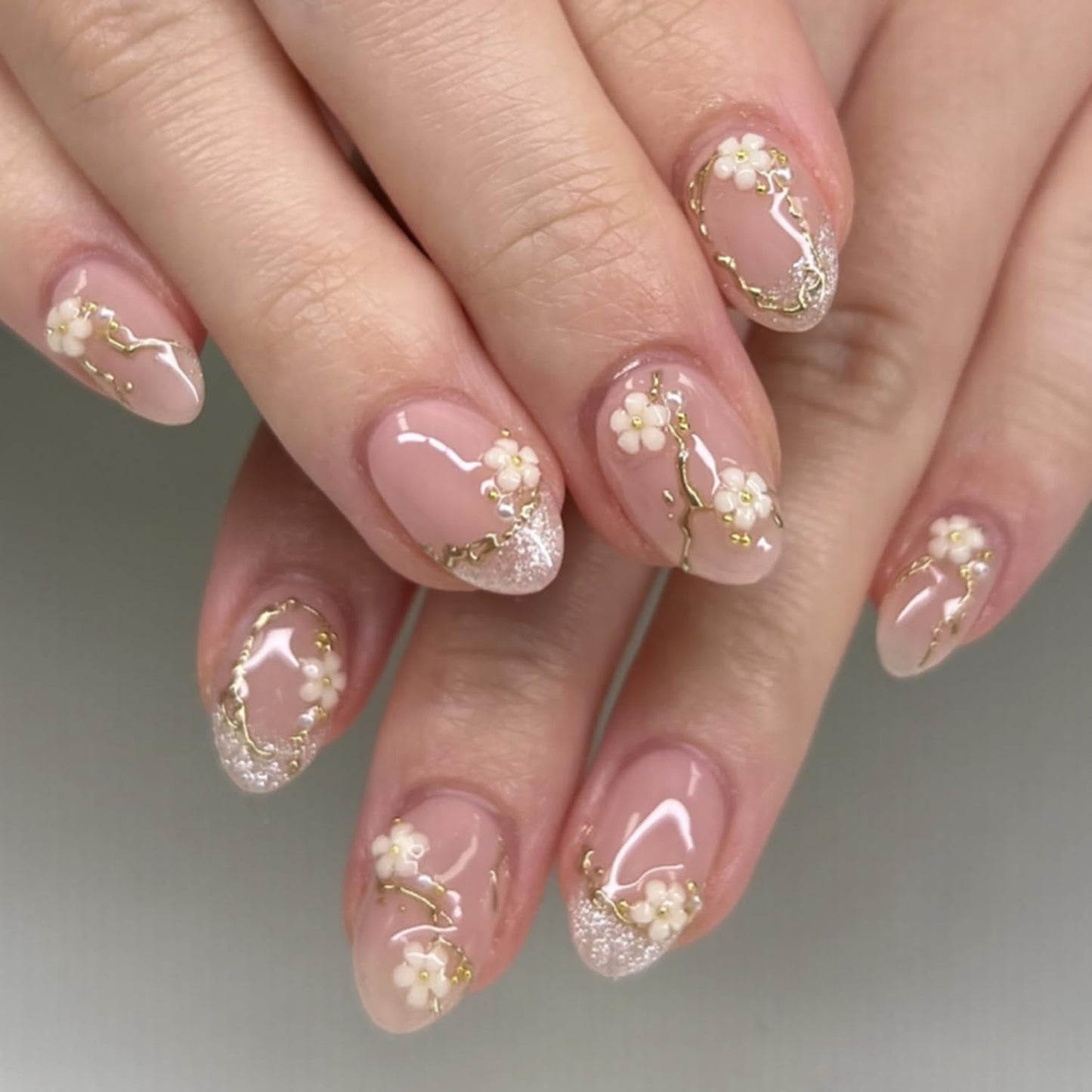 3D Blueberry Flower Press-On Nails - Medium Almond Shape with Pearl & Gold Beads | Reusable Glossy Blue French Tips for Summer Parties