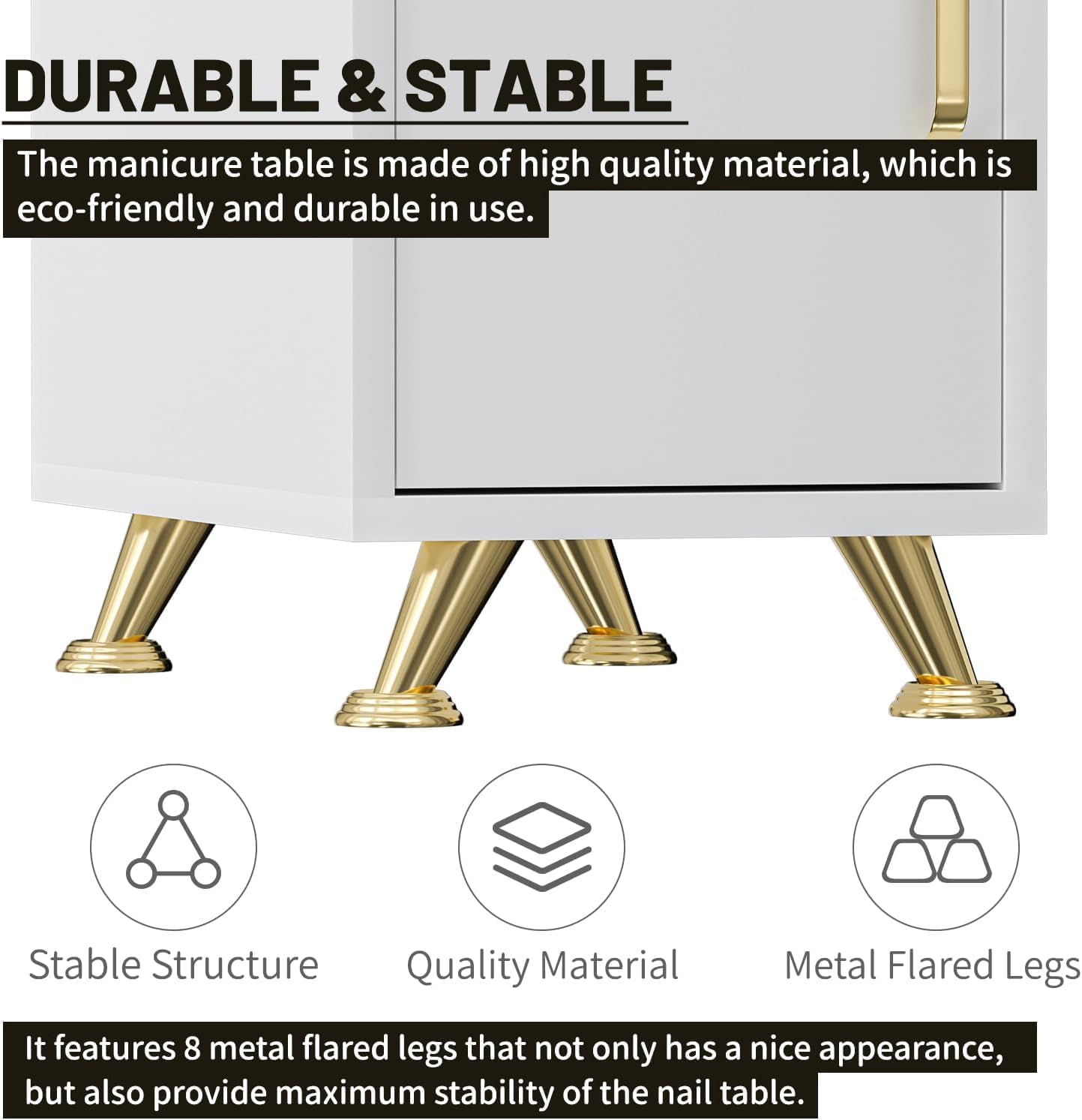 Professional Nail Tech Desk - Acetone Resistant Manicure Table with 3 Drawers & 2 Cabinets | White-Gold Finish for Salon & Home Use
