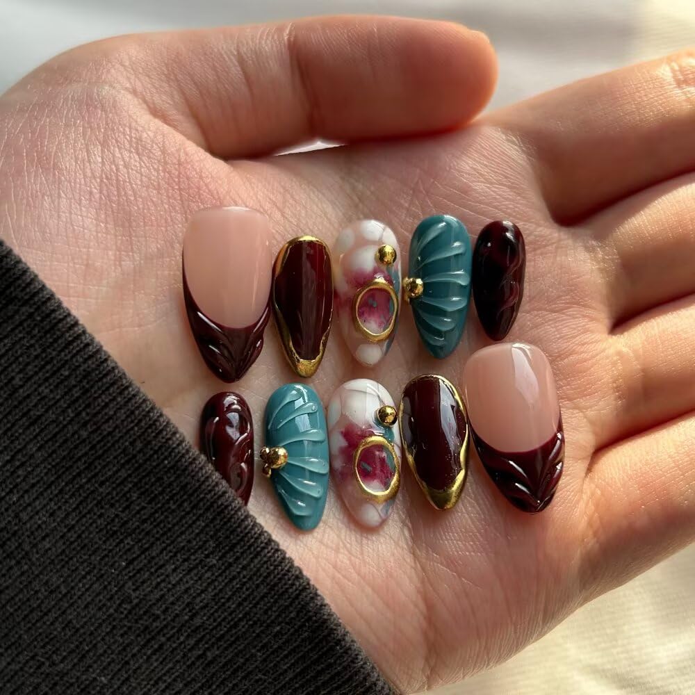 Fall Press On Nails - Handmade Gel Almond Fake Nails, Brown Art Design | Reusable 10 Pcs Acrylic Kit (Size S)