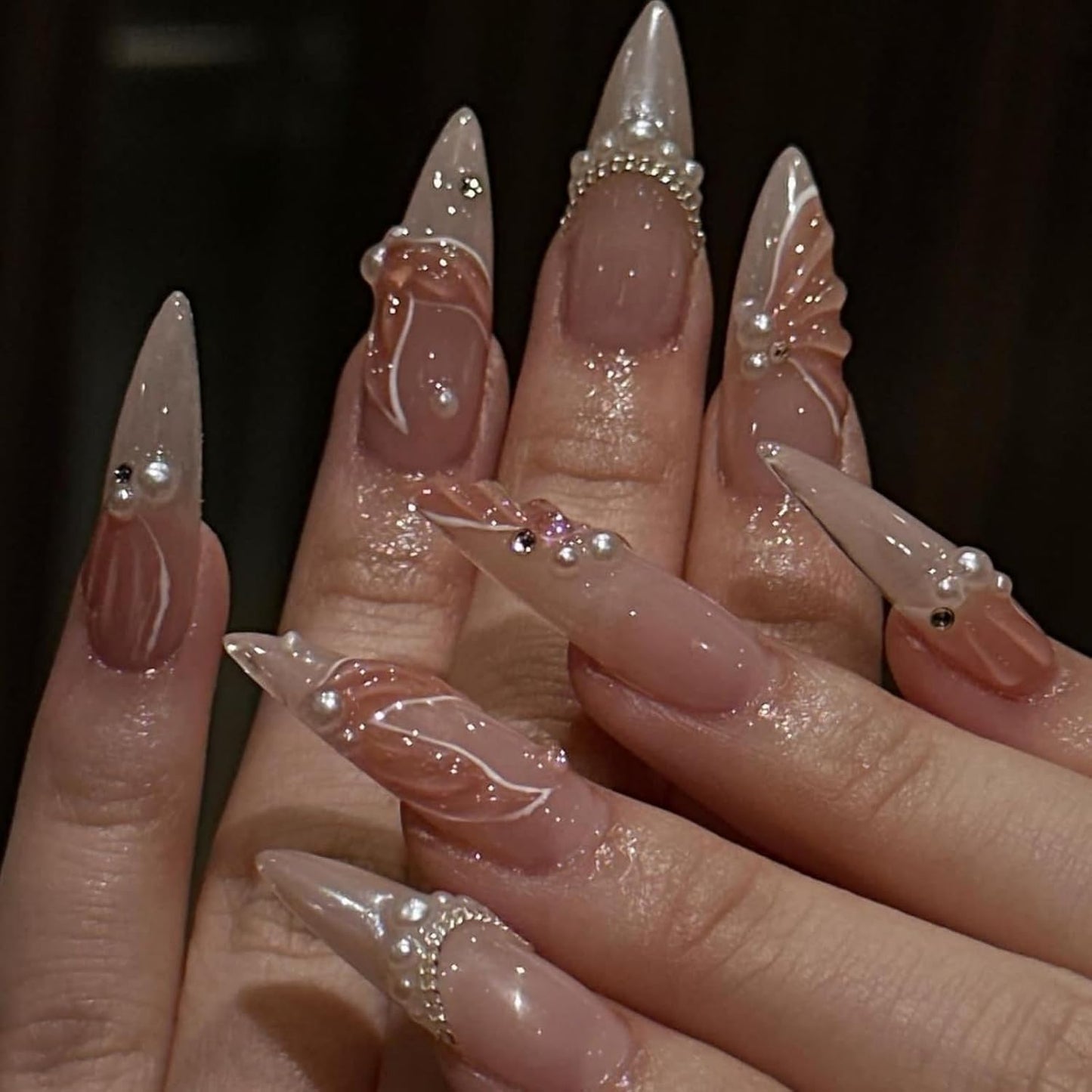 Nude Press On Nails - Fishtail French Tip Design | Glossy Full Cover Medium Almond 24 Pcs for Women