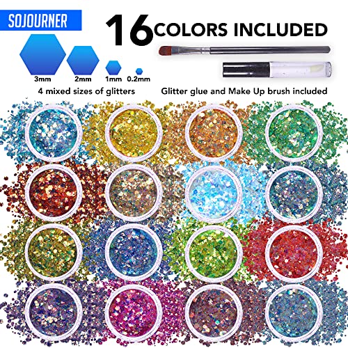 Festival Glitter Makeup Set - 16 Colors Holographic Body & Hair Glitter with Glue