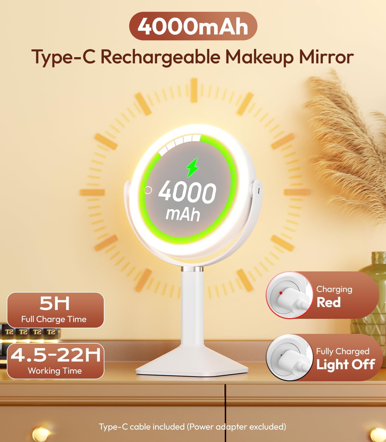 Lighted Makeup Mirror - 30X Magnifying Vanity Mirror with Adjustable Height & 3 Color Dimming | Rechargeable 4000mAh Battery