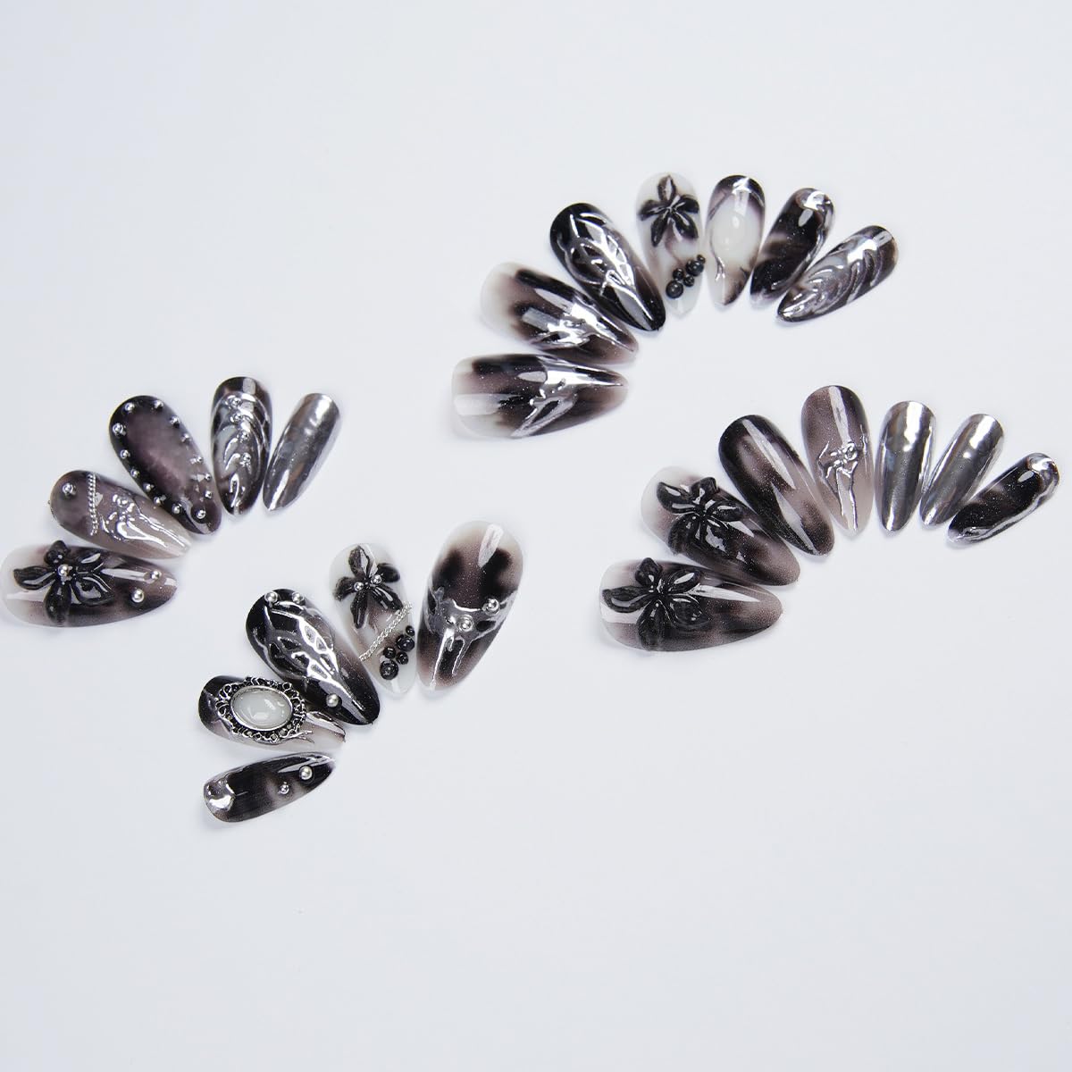 Gothic Press On Nails - Medium Almond 3D Metallic Rhinestone Design | 24 Pcs Black Acrylic False Nails for Women