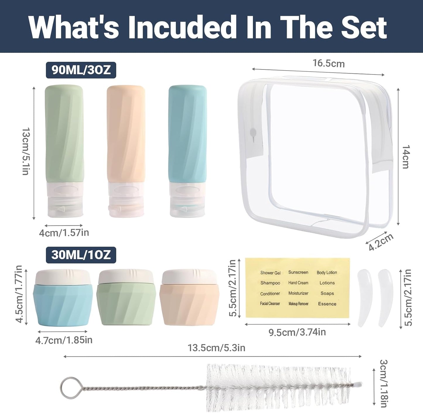 Travel Bottles for Toiletries - TSA Approved 3oz Leak-Proof Silicone Containers Kit | 11 Pack with Toiletry Bag