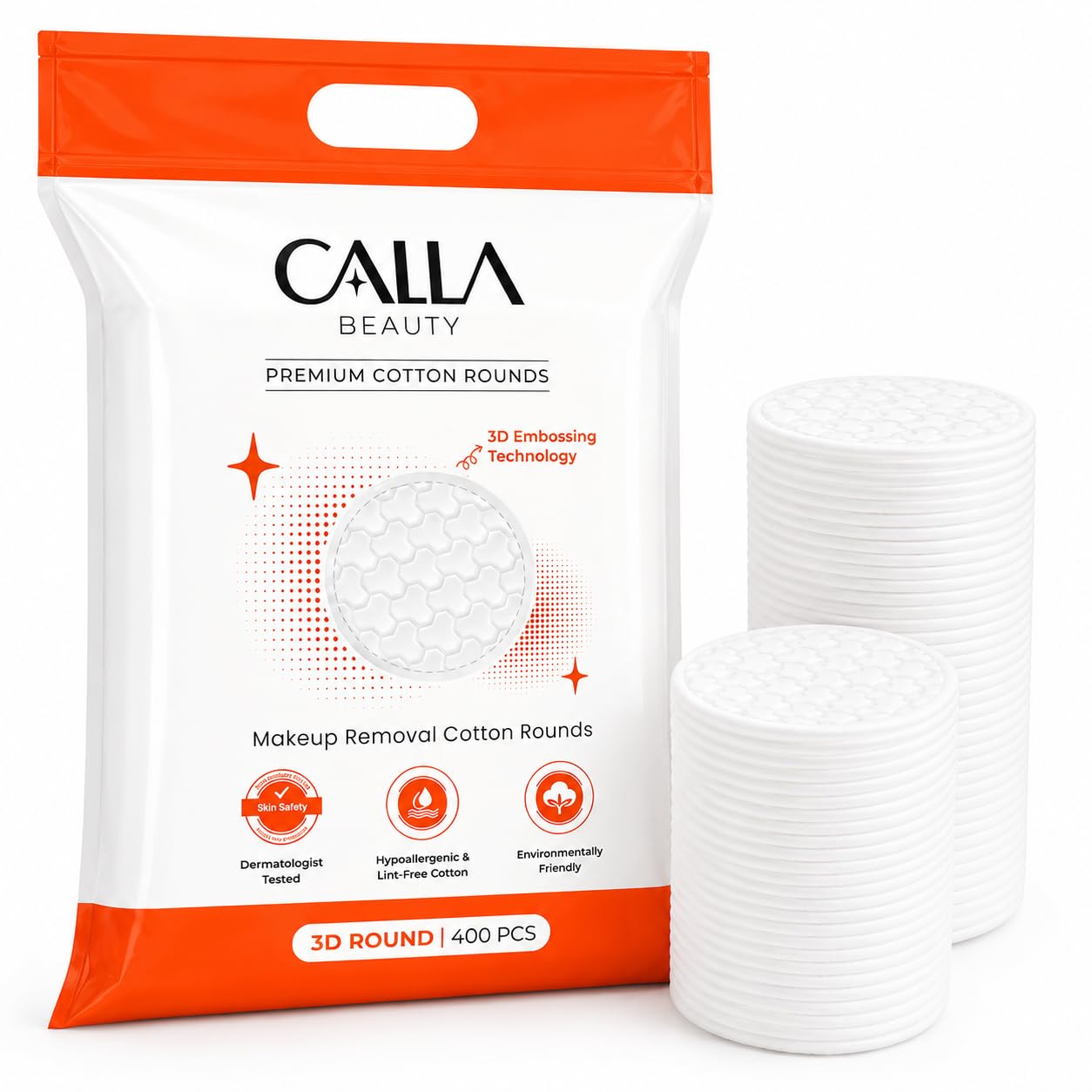 CALLA BEAUTY 3D Cotton Rounds for Face (400 Counts) - Premium 3D Embossing Technology - Textured Thick Cotton Pads, Tear-Resistant & Low Lint Makeup Remover Pads, Absorbent Toner Pads