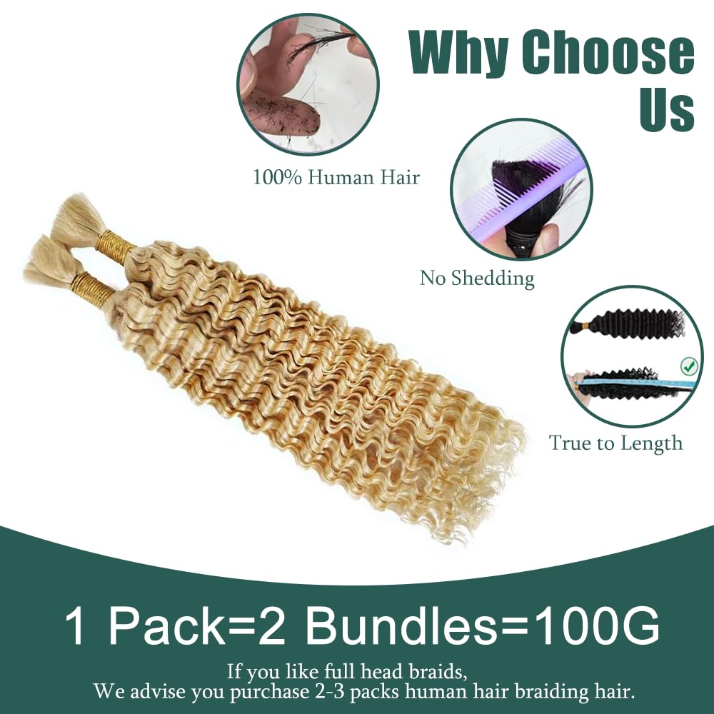 613 Boho Human Hair Blonde Braiding Hair Deep Wave Human Bulk 16 16 Inch 27/613 Deep Wave 2 Bundles No Weft Per Pack 100g