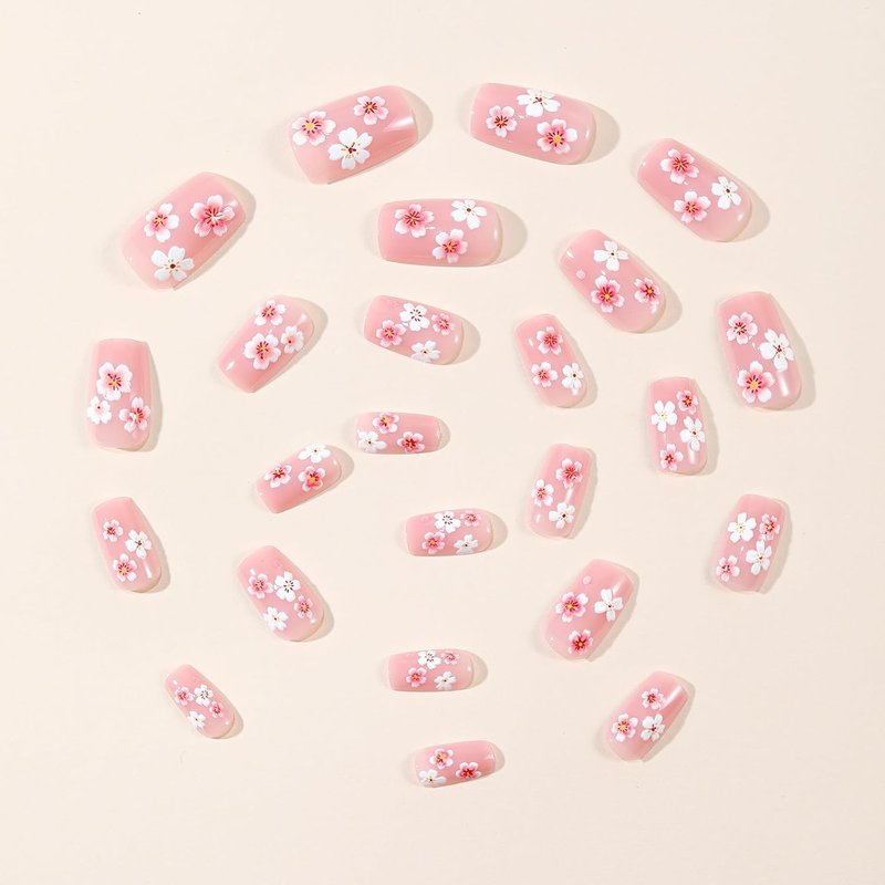 Flower Press On Nails - Cherry Blossom Design Glossy Pink Acrylic | 24 Medium Square Fake Nails for Spring & Summer