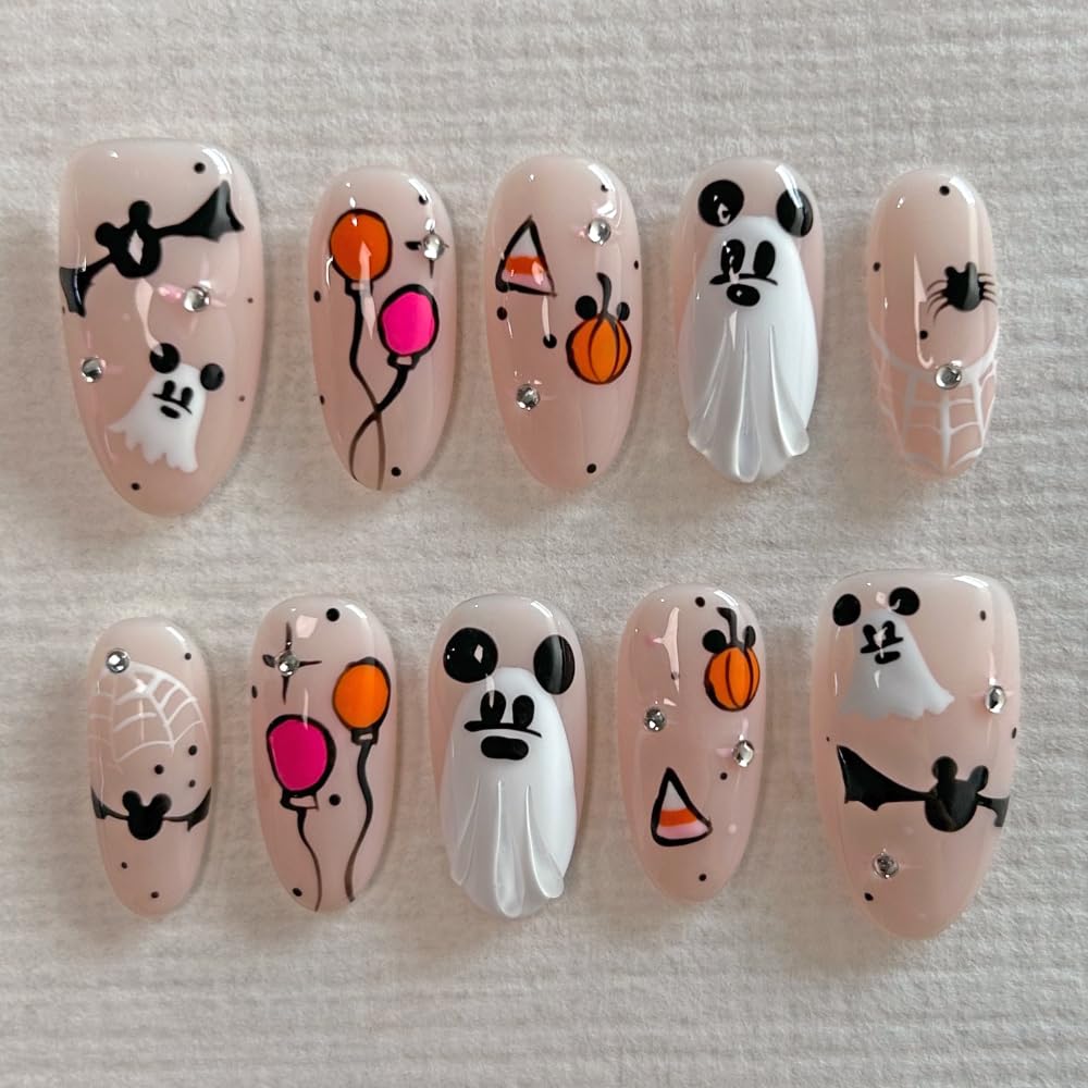 Press On Almond Nails - Handmade 3D Design, Thick Acrylic Gel | Reusable DIY Artificial Nails for Women (10 Pieces)