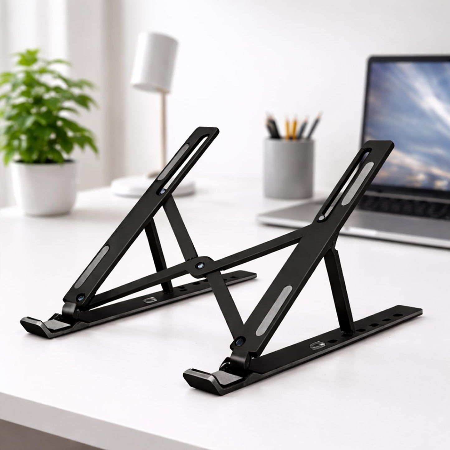 Portable Foldable Laptop Stand - Adjustable Height Ergonomic Riser for 10-15.6 Inch Laptops | Travel-Friendly Design in Black