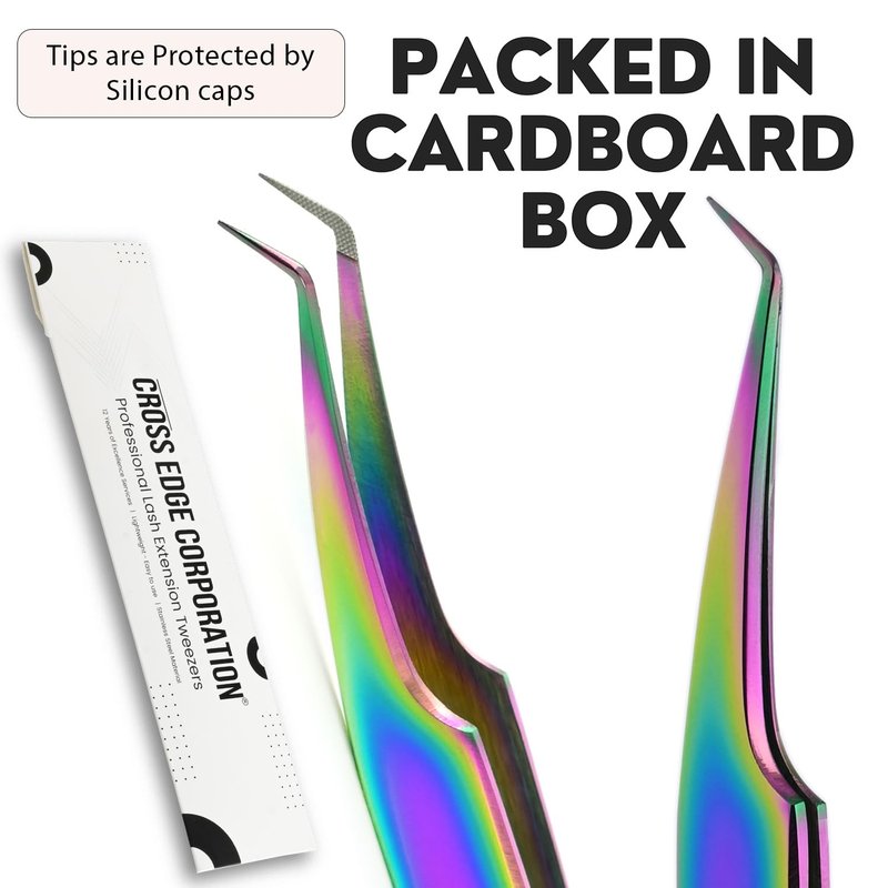 Fiber Tip Lash Tweezer for Eyelash Extensions – Curved 45 Degree Volume Tweezers for Women, Precision Stainless Steel, Professional Non Slip Grip for Classic, Volume & Mega Volume Fans (Rainbow)
