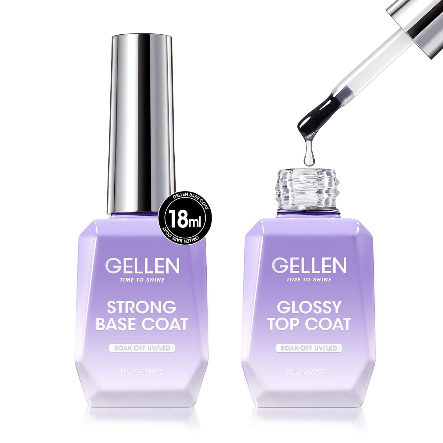 GELLEN Gel Top Coat & Base Coat Set - No Wipe Ultra Glossy Nail Gel | 2 Pcs 18ml, Long-Lasting Shine