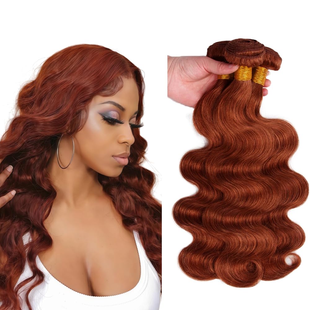 #33 Reddish Brown Human Hair Bundles 14 16 18 Inch Body Wave Bundles Human Hair Huxowax Auburn Bundles Weave 3 Bundles Total 150g