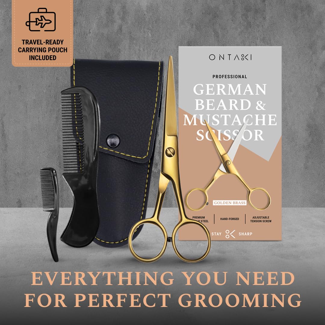 Ontaki Beard & Mustache Scissors for Men - 5inch, Gold Brass - 410C German Steel Durable, Ergonomic Design Travel Friendly Facial Hair Scissors - Beard Kit 2 Combs & Case Perfect for Styling