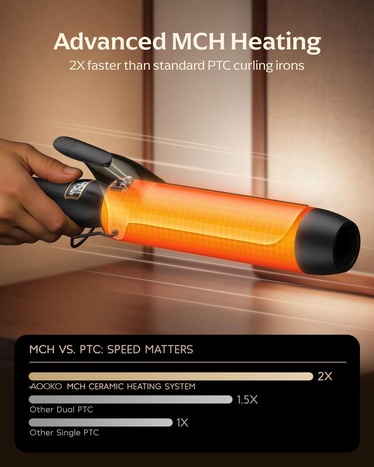 Professional Curling Iron - 2 Inch Large Barrel Wand for Long Hair | MCH Heating, 12 Temp Settings, Dual Voltage, Black