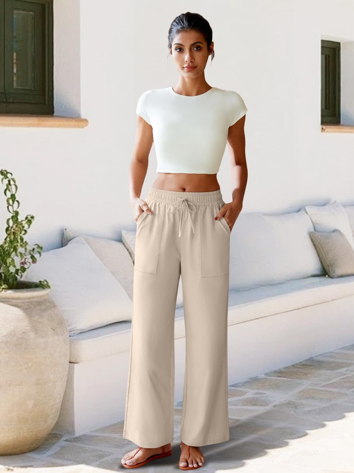 FireSwan Womens Linen Palazzo Pants Wide Leg Drawstring Casual Flowy Pants Summer Beach Trousers with Pockets