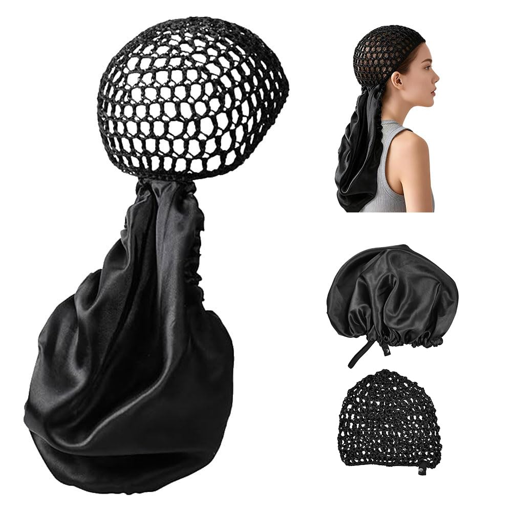 Wrap Cap Hair Net, 2 in 1 Silk Press Bonnet for Women, Adjustable Satin Doobie Wrap for Long Curly Hair Black