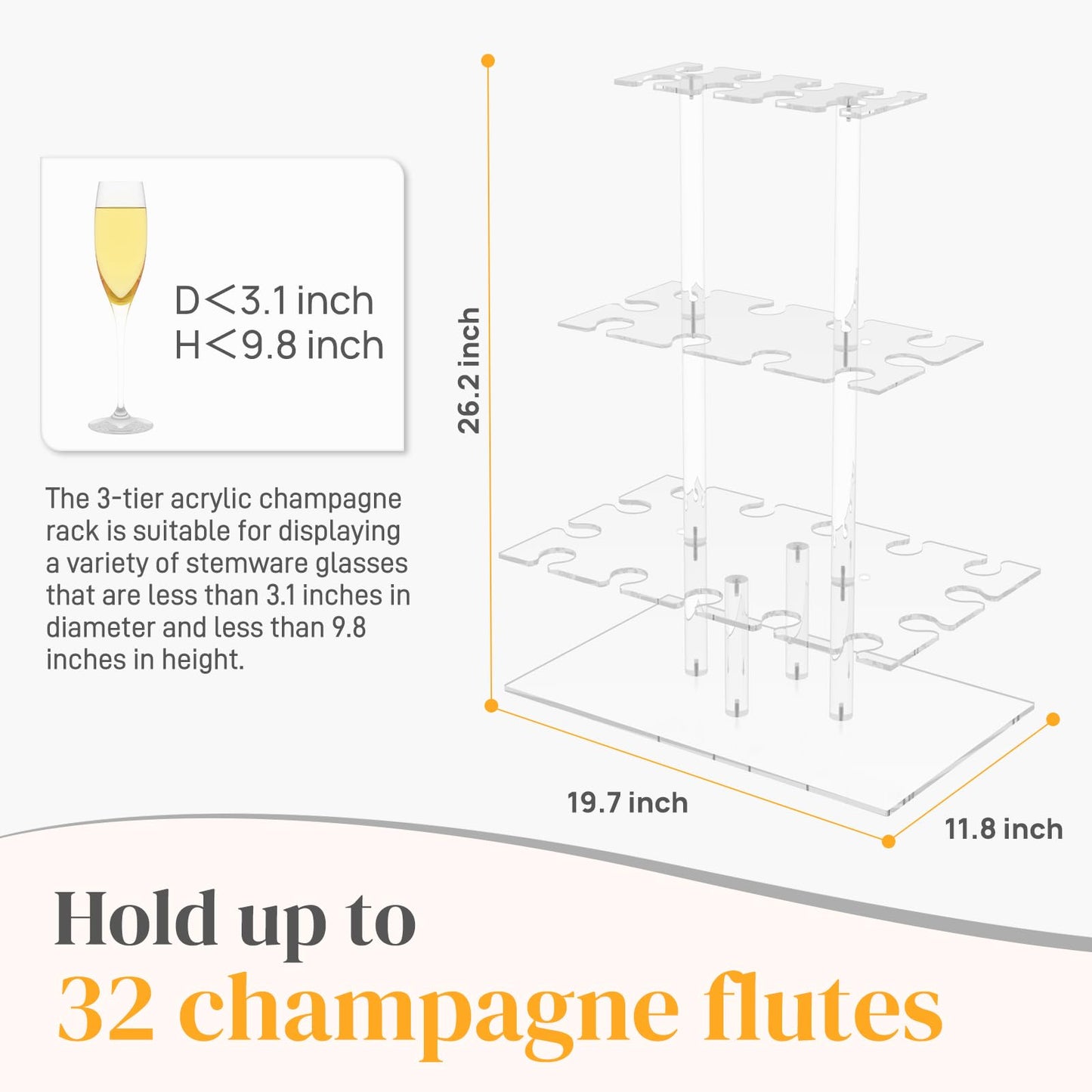 Nynelly Champagne Display Holder Stand for Party With 32 Slots, 3 Tier Acrylic Champagne Tower Wine Glass Holder, Tabletop Champagne Flutes Holder Stemware Rack with Led Strip, 19.7x11.8x26.2 inch