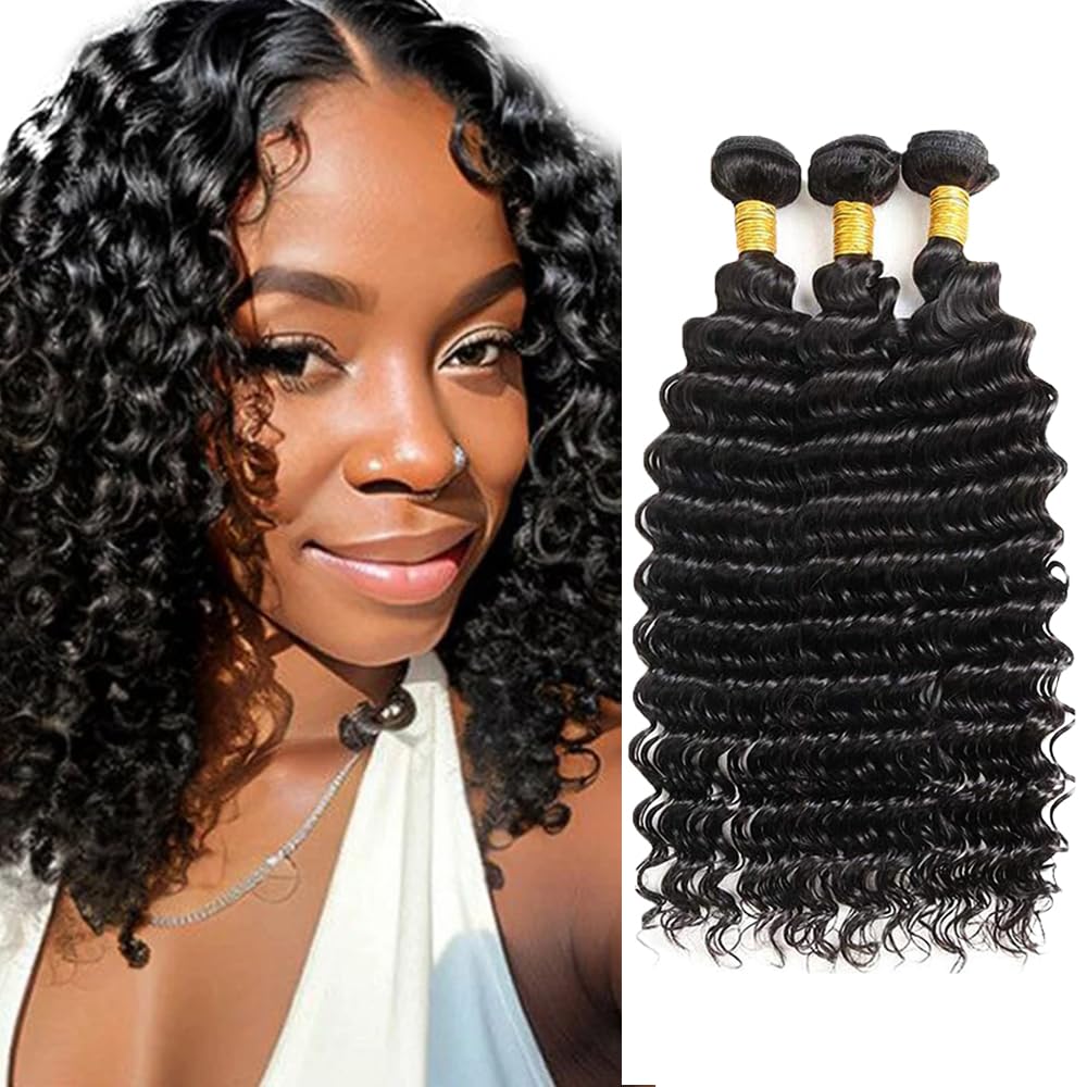 Deep Wave Human Hair Bundles #1B Human Hair Bundles Wet and Wavy Bundle 12 14 16 inch Brazilian Natural Black Deep Wave Bundle