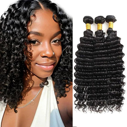 Deep Wave Human Hair Bundles #1B Human Hair Bundles Wet and Wavy Bundle 12 14 16 inch Brazilian Natural Black Deep Wave Bundle