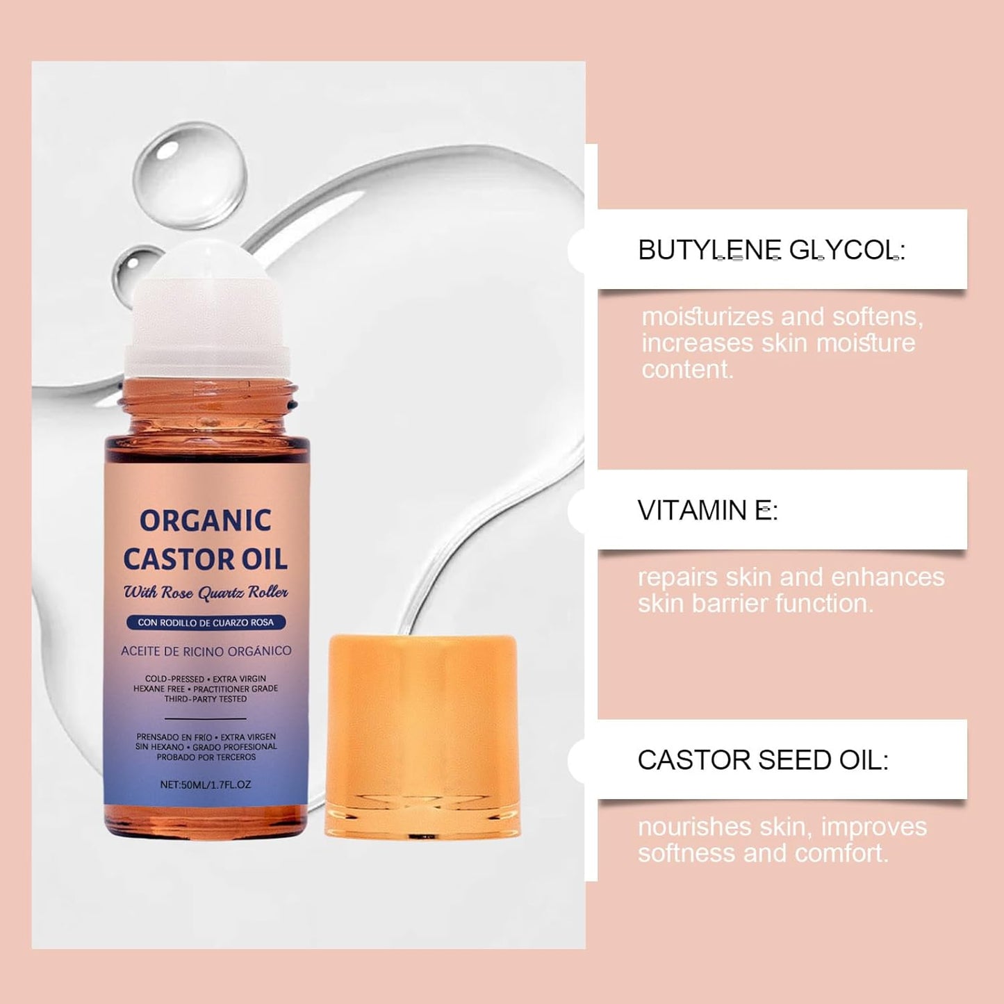 Organic Castor Oil - 100% Pure Cold-Pressed Formula with Rose Quartz Roller | 1.7 Fl Oz for Skin & Hair Care
