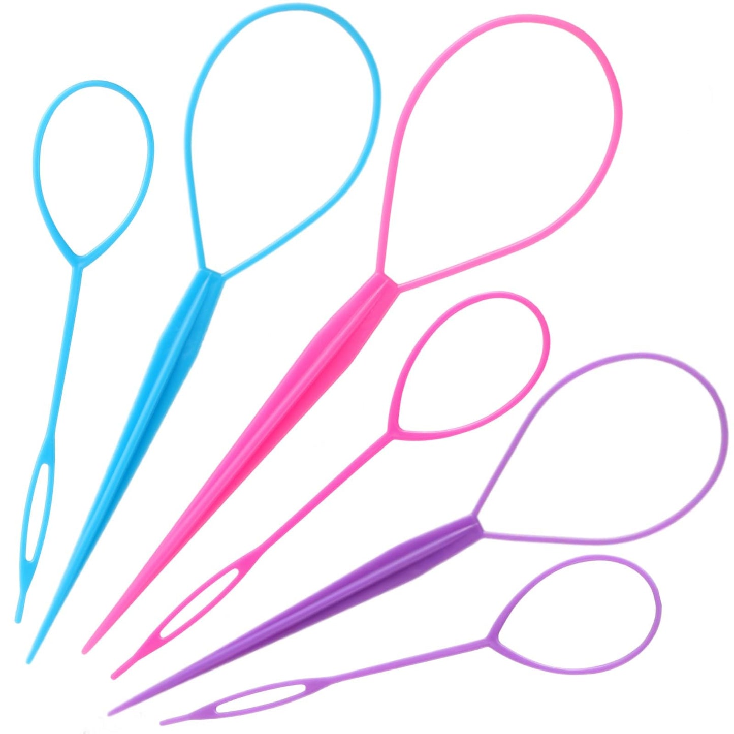 Schembo Topsy Tail Hair Tool Set - 6pcs Loop Styling Tool, Ponytail Pull Through, Two Sizes, 3 Colors (Pink/Purple/Blue) for Women, Girls & Kids