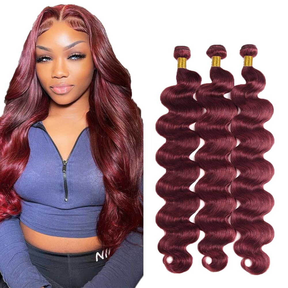 #99J Burgundy Bundles Human Hair Body Wave Bundles 26 28 30 Inch Body Wave Bundles Unprocessed Brazilian Virgin Hair Deals Quick Weave Hair Extensions 3 Bundle 50 Gram Per Bundle