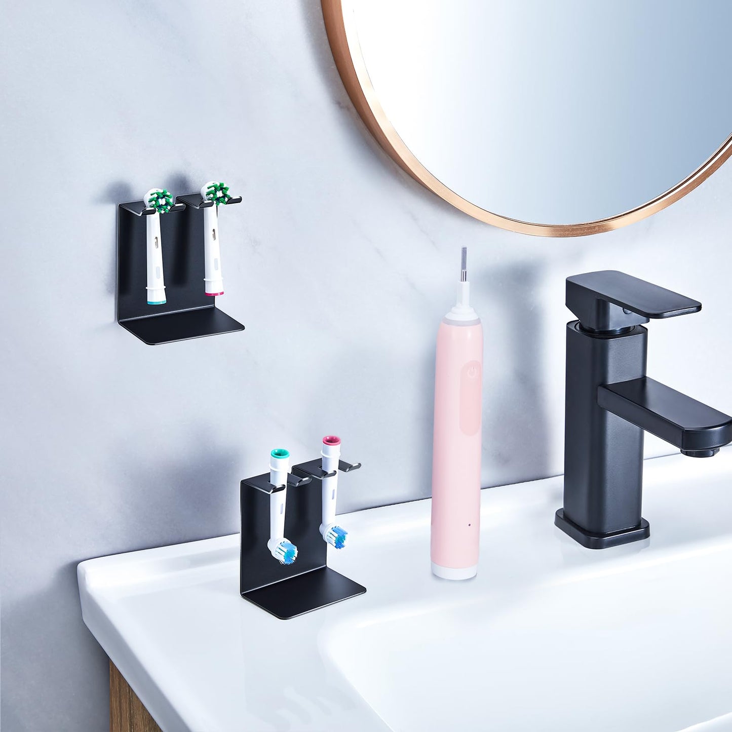 Electric Toothbrush Head Holder, Oukimly Toothbrush Holder Wall Mounted or Desktop, Metal Tooth Brush Holder, Shower Brush Head Holder, Electric Toothbrush Holder for Bathroom (Black, Small)