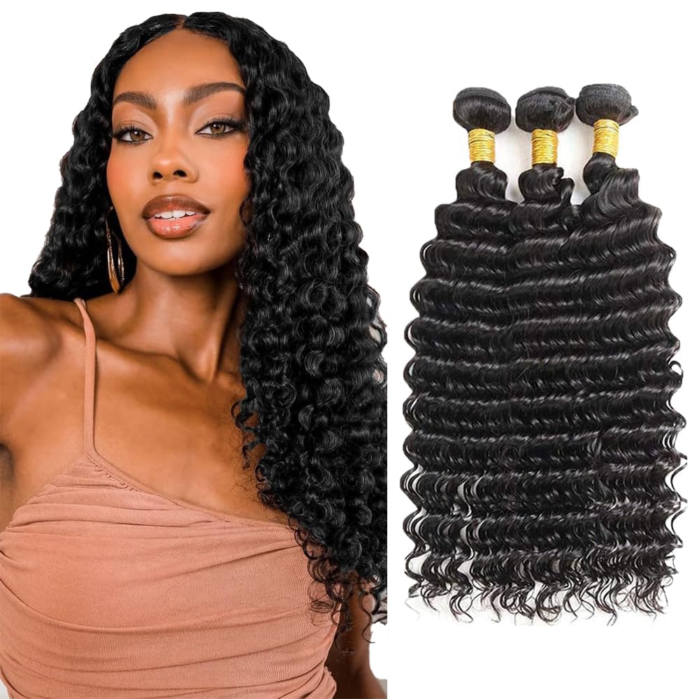 Deep Wave Bundle Black Natural Color Human Hair Bundles 24 26 28 Inch Deep Wave Human Hair 3 Bundles Brazilian Virgin Hair Extensions 150g