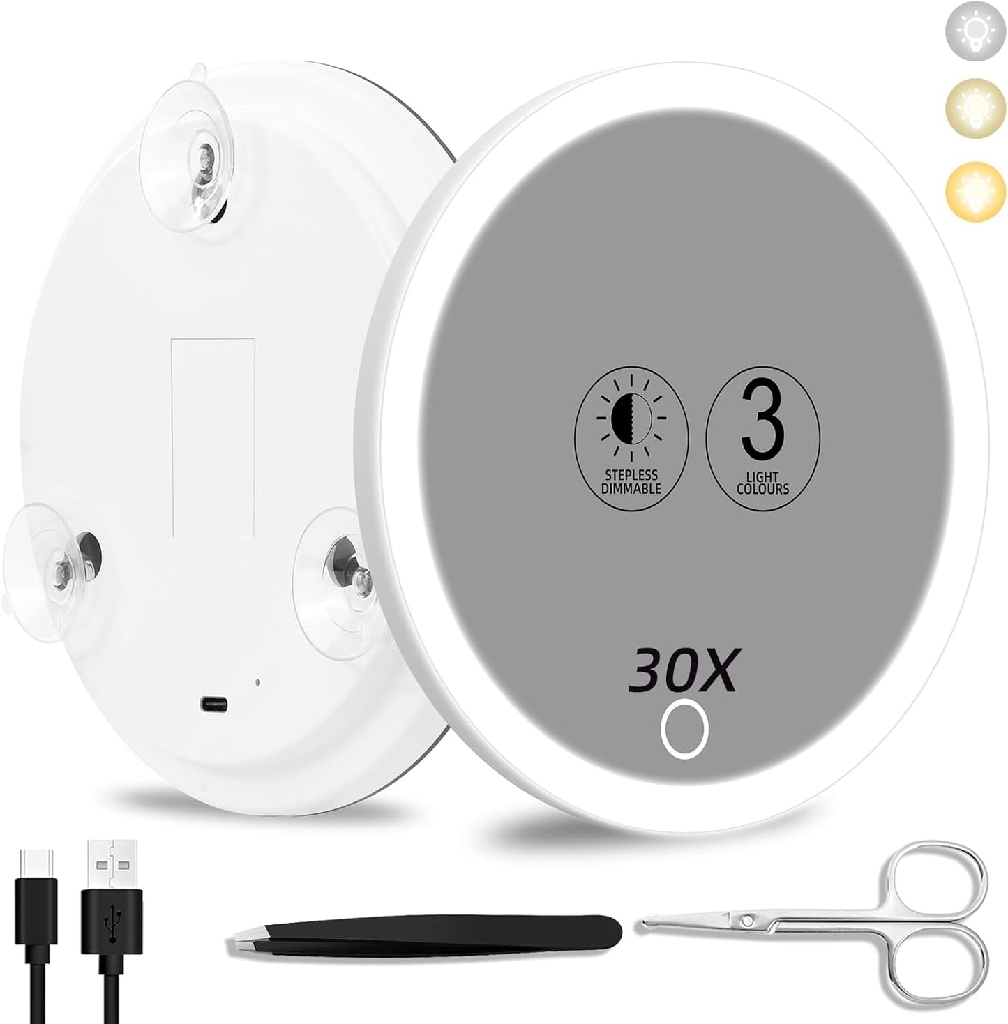 30x Magnifying Makeup Mirror with Light - Dimmable, Rechargeable, 3 Color Modes | 6" Viewing Area, Suction Cups, Tweezers & Scissors Included