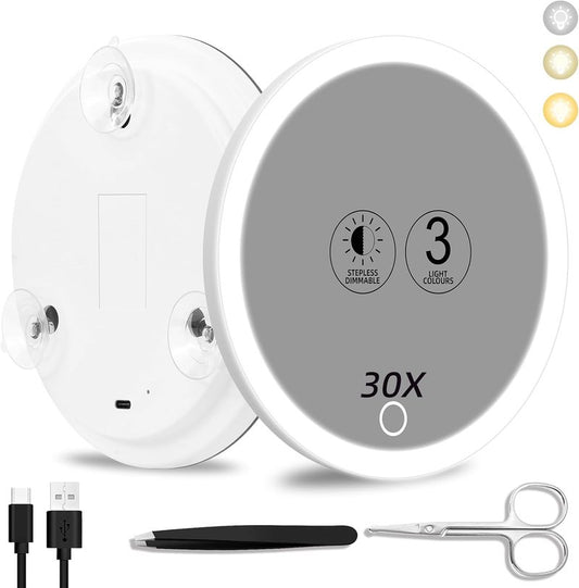 30x Magnifying Makeup Mirror with Light - Dimmable, Rechargeable, 3 Color Modes | 6" Viewing Area, Suction Cups, Tweezers & Scissors Included
