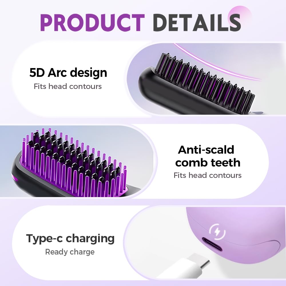 Go Brush for Short Hair, 2026 New Portable Hair Cordless Straightening Brush, Fast Heating Ceramic Brush, USB-C Rechargeable for Short Long Hairs Travel Vacation Home Use Styling Tool (Black)