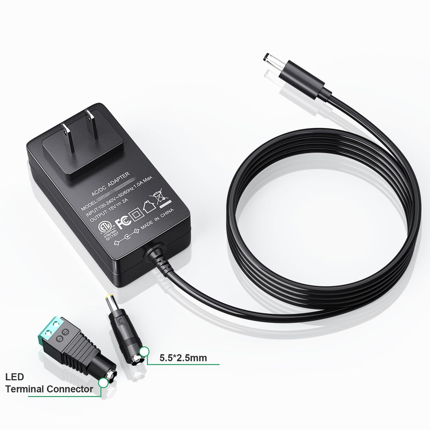 SoulBay 15V DC Power Supply with 2pcs Tips for Cat Litter Box Router LED Light Speakers Camera Record Player Guitar Amp Replacement, 5FT Cord, AC 100-240V to DC 15 Volt 2A Adapter