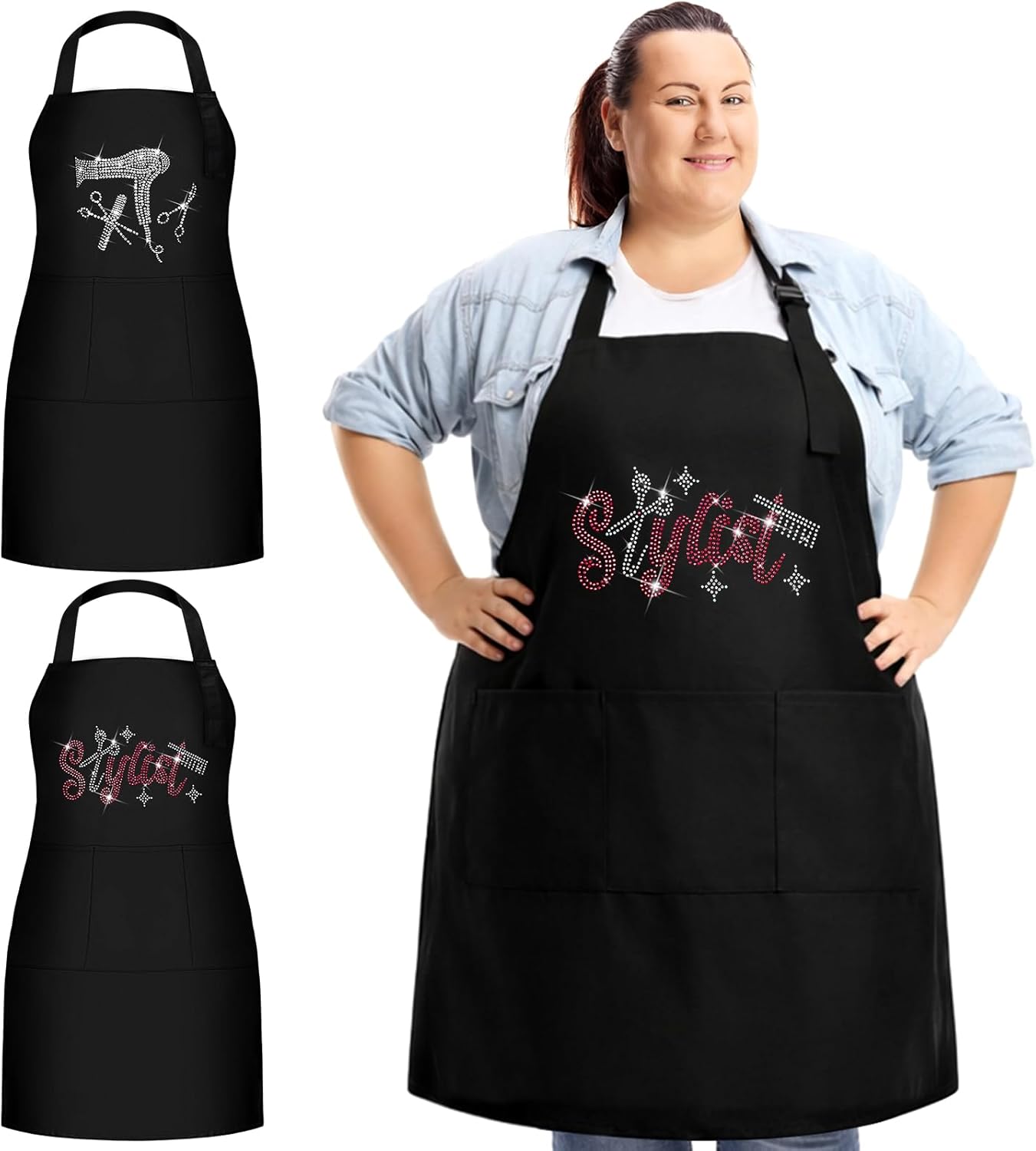 Hair Stylist Apron - Waterproof Salon Apron with Rhinestone Detail & 3 Pockets | 2 Pcs Set