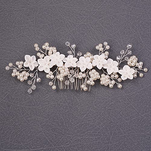 Dainty Silver Flower Pearl Rhinestone Bridal Hair Comb for Wedding