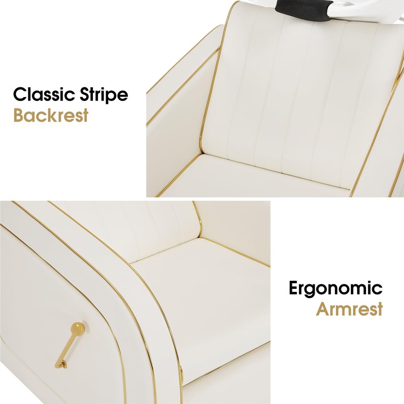BarberPub Backwash Shampoo Chair and Bowl Set, Adjustable Porcelain Ceramic Wash Bowl Sink Unit, Luxurious Shampoo Station Chair for Spa Beauty Salon Hair Salon 9175 (Luxurious, Cream White)