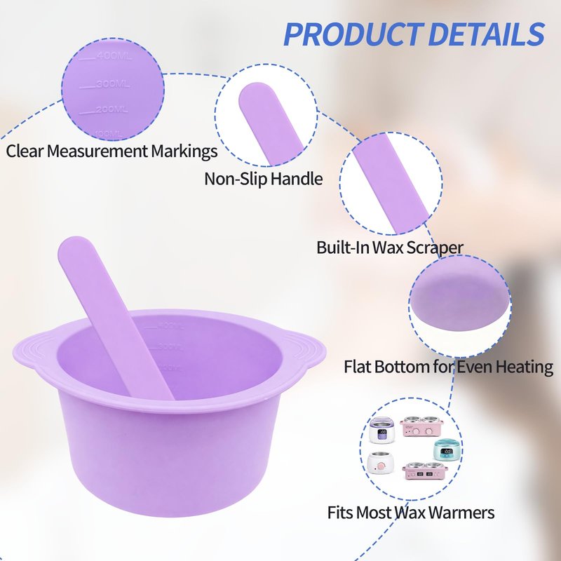 Silicone Wax Warmer Liner, Non-Stick Reusable Wax Pot Insert for Wax Warmer, Easy-to-Clean Silicone Wax Bowl with 2 Wax Spatulas (Purple)