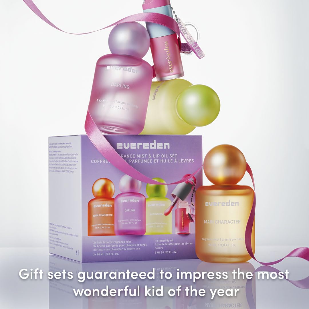Evereden Kids Fragrance Gift Set, 3 Hair & Body Mists + Tinted Lip Oil