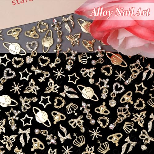 Cynailli 110 Pcs Gold Nail Charms & Gems Set - S1 Color Dangle Star Heart Bow Jewelry Accessories