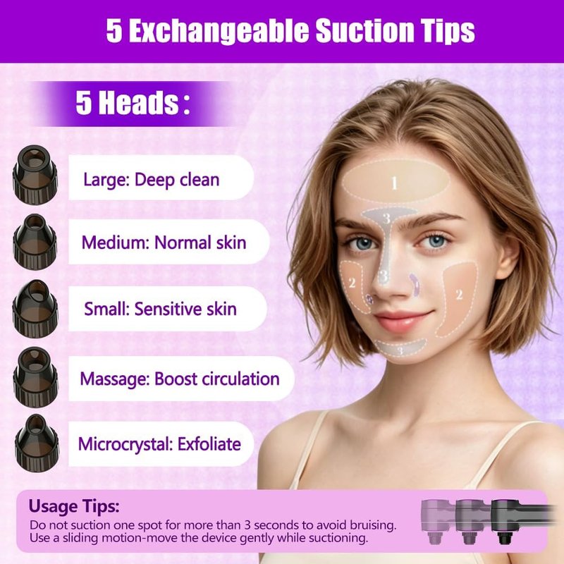 Blackhead Remover Vacuum - Pore Extractor with 3 Suction Levels & 5 Heads | Deep Cleansing Tool for Nose & T-Zone