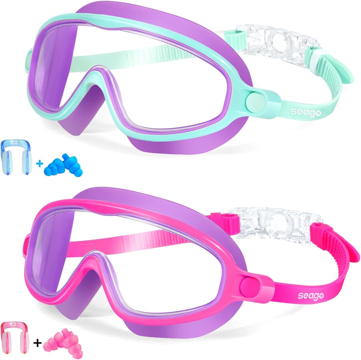 Seago Swim Goggles - Anti-Fog, Anti-UV Wide View for Kids 3-14 | 2 Pack