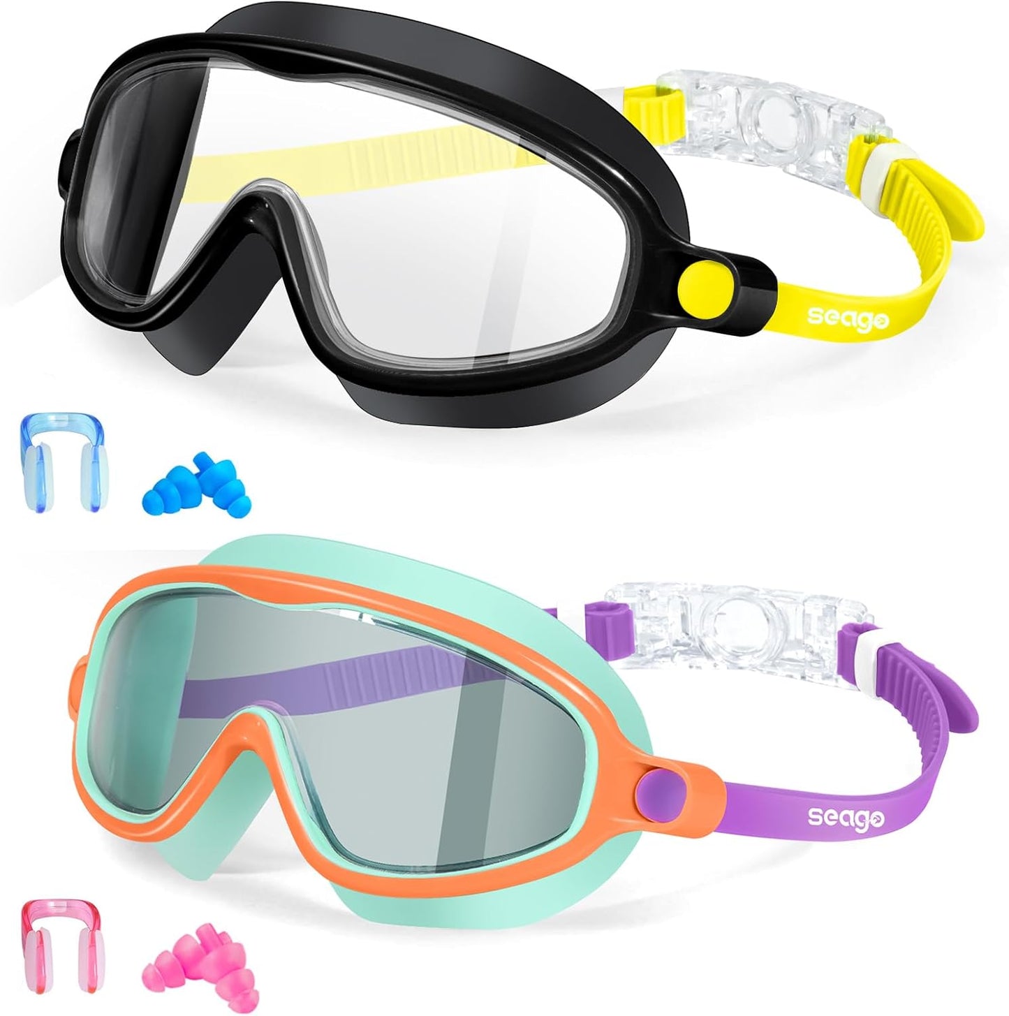 Seago Swim Goggles - Anti-Fog, Anti-UV Wide View for Kids 3-14 | 2 Pack