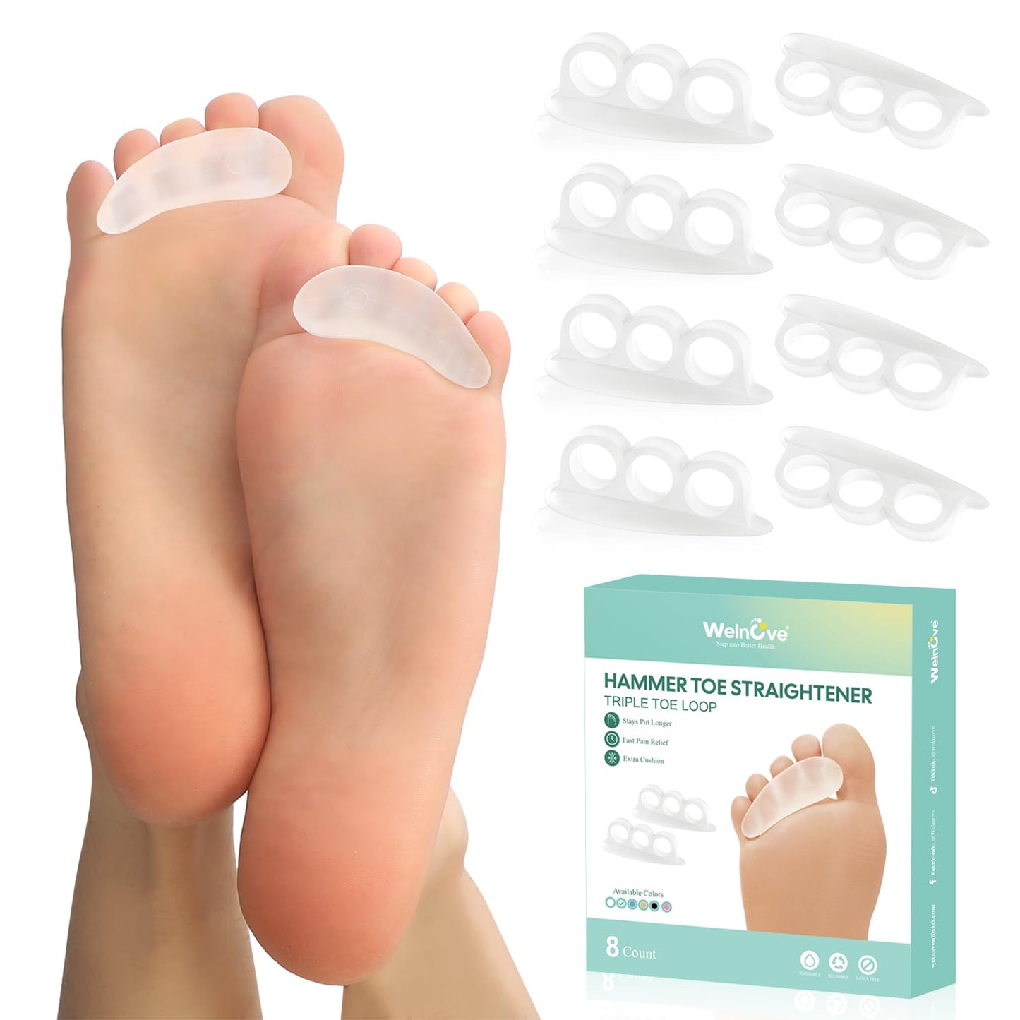 Welnove Hammer Toe Straightener Toe Corrector for Women - 8 Pcs Hammer Toe Cushion Pads for Bent, Crooked, Curled, Claw, and Hammer Toes - Soft Support and Realignment(Clear, 3 Loop Design)