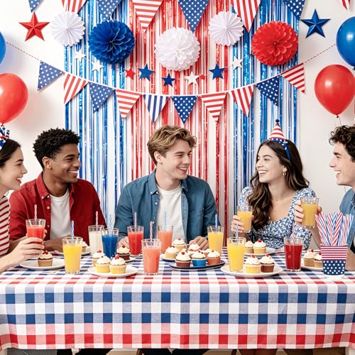 50 Reusable Red White Blue Striped Straws - Patriotic Party Supplies