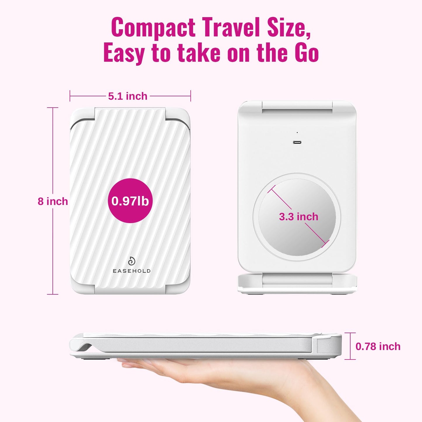 EASEHOLD Lighted Travel Makeup Mirror with 72 Light,1X/3X Magnification,Rechargeable Dimmable Touch Screen,Foldable Adjustable Height & Angle, Compact Magnifying LED Mirror for Women Teens