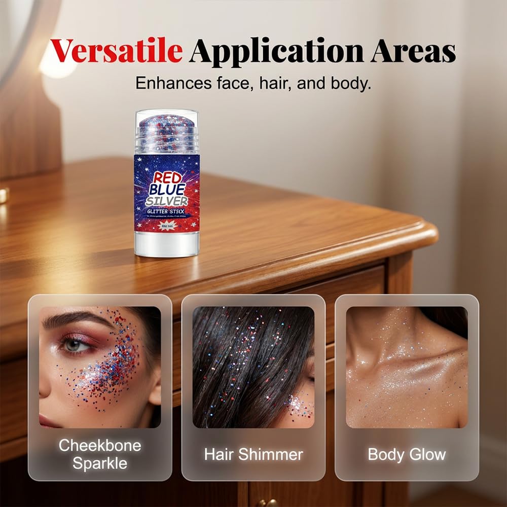 4th of July Glitter Stick, 2026 New Patriotic Hair Face Body Glitter Stick for Independence Memorial Day, Red White and Blue Body Glitter Stick Fourth of July Accessories Outfits for Women (A*1 PCS)