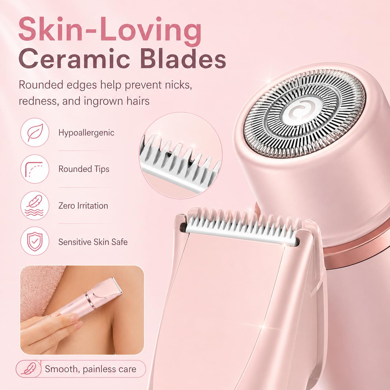 Bikini Trimmer for Women, 2 in 1 Electric Razors for Women - Double Head, Rechargeable, IPX7 Waterproof, Pain-Free Hair Removal for Facial, Body & Sensitive Areas with Ceramic Blades, Cordless