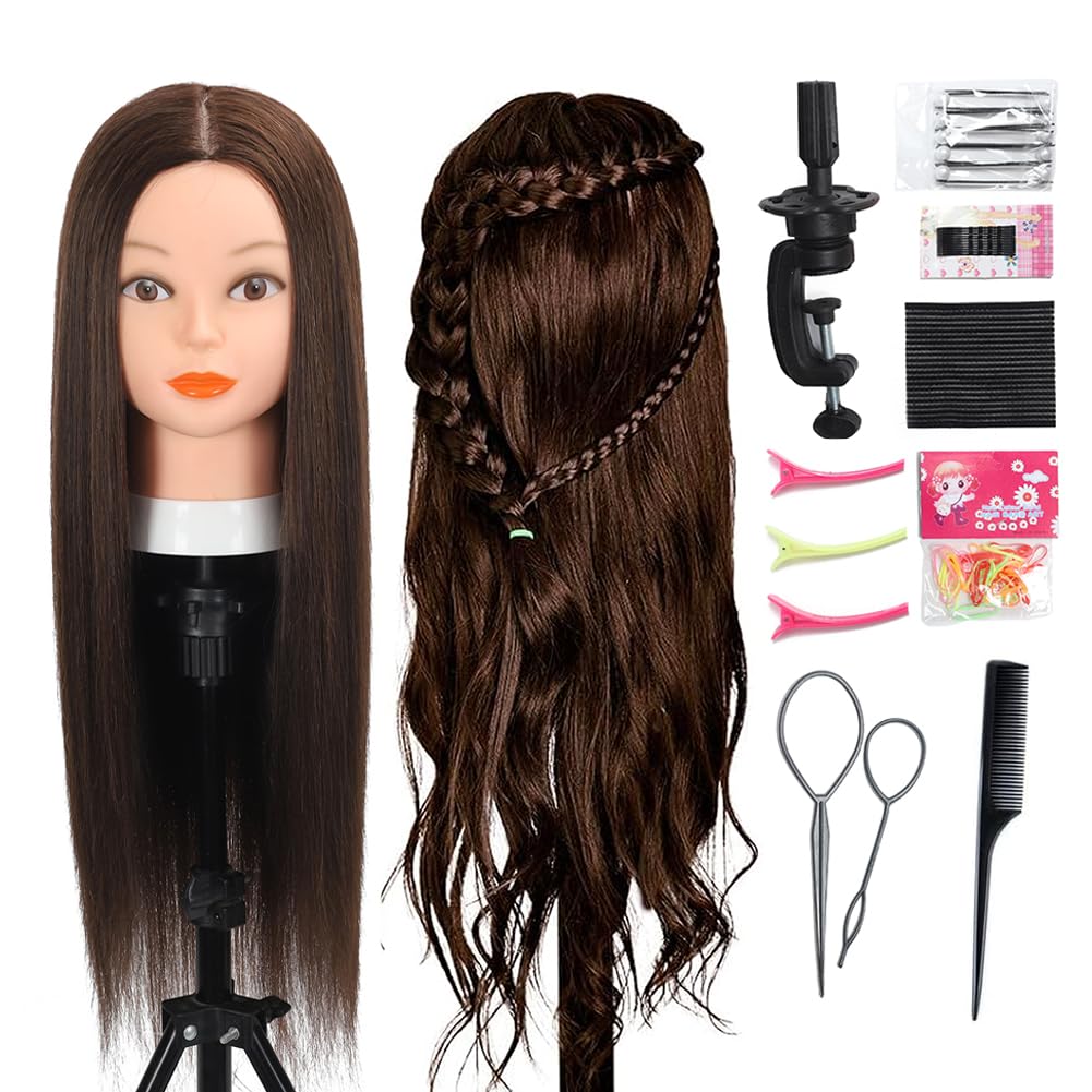 Mannequin Head - 26”-28” Real Hair Cosmetology Doll Head | Dark Brown Styling Manikin