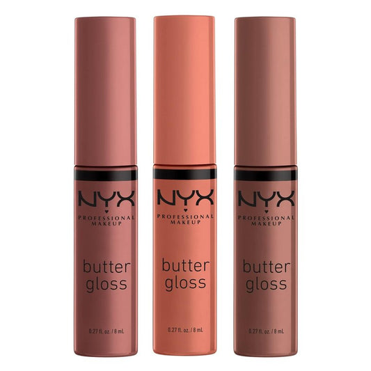 NYX Butter Gloss - Non-Sticky Brown Sugar Lip Gloss Trio | 3 Flavors: Sugar High, Spiked Toffee, Butterscotch