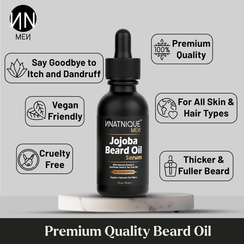 Natnique Jojoba Beard Oil for Men with Vitamin E & Tea Tree – Organic Conditioner & Growth Oil – Moisturizer for Facial Hair, Mustache & Dry Skin – Softener for Itch, Dandruff & Grooming Care – 1 oz
