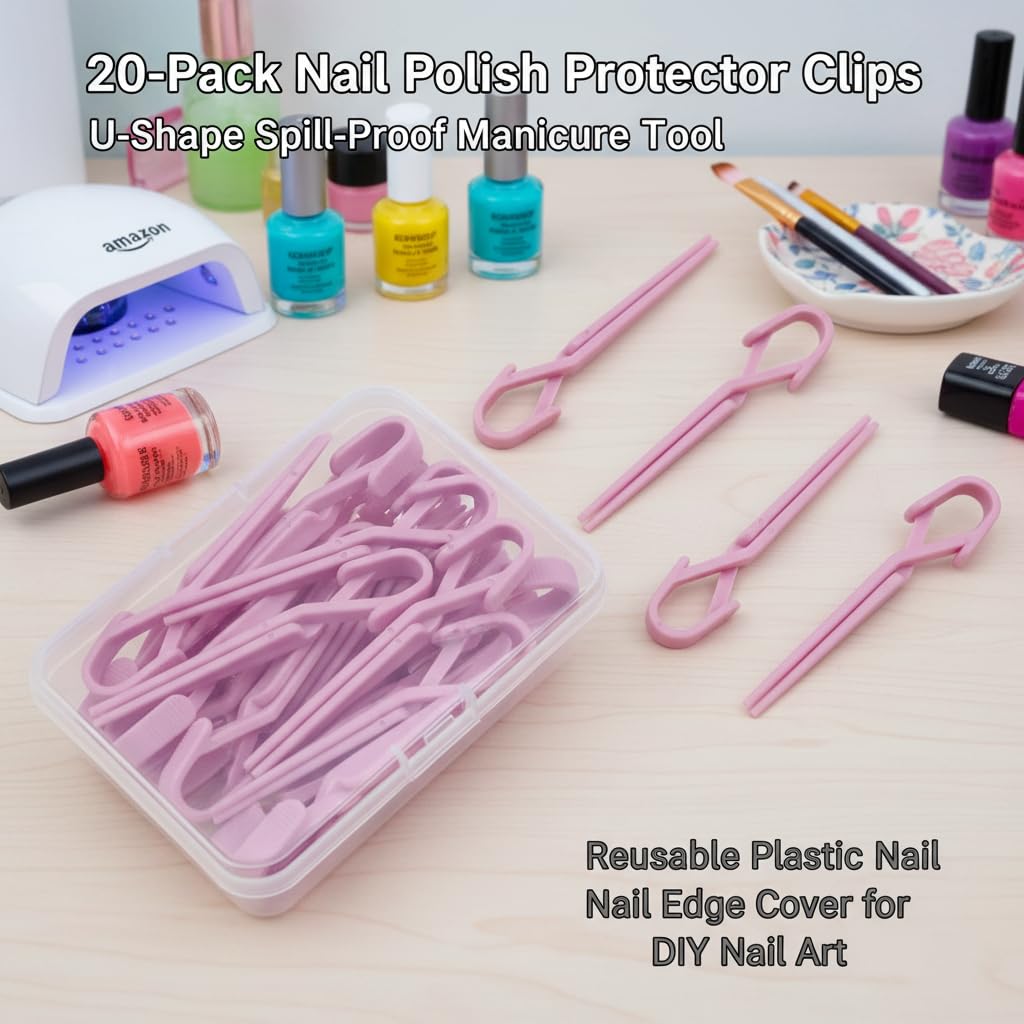 20-Pack Nail Polish Protector Clips, U-Shape Spill-Proof Manicure Tool, Reusable Plastic Nail Edge Cover for DIY Nail Art